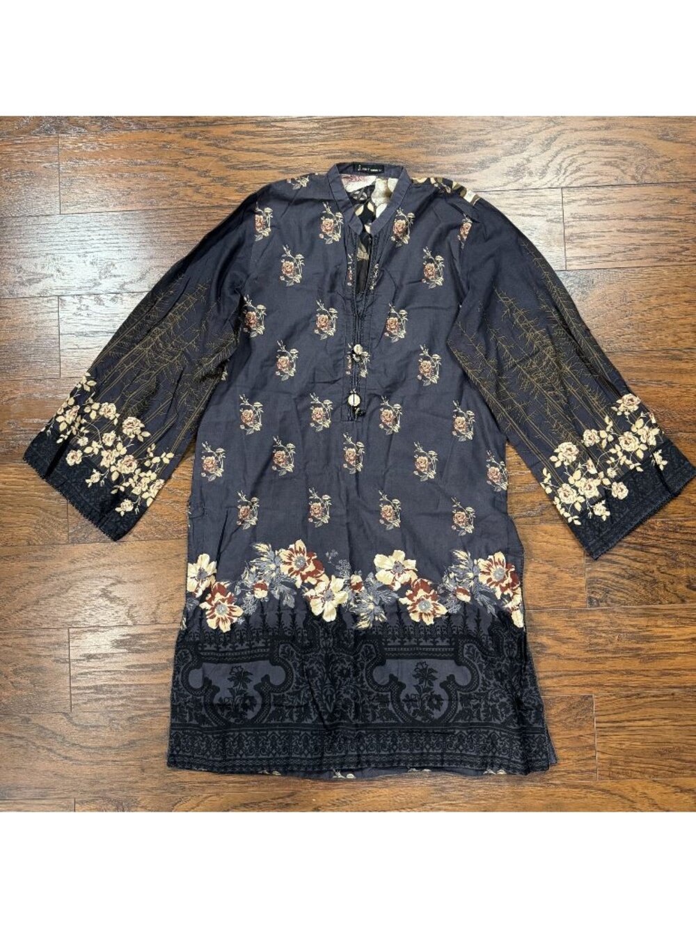 J Pret Women's Size Mediun 12 Floral Tunic Black Linen Cover Up Boho Chic